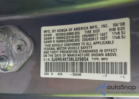 2008 Honda Cr-V Ex-L from USA, damaged, VIN 5J6RE48738L029854